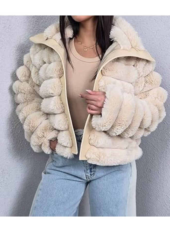 Women's High-Waisted Faux Fur Jacket with Satin Lining, Balloon Beige, Short, One Size - Fits up to 80 kg - Image 5